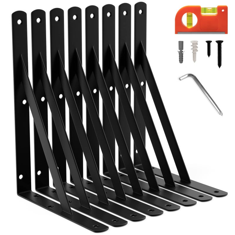 LEOPO 11 Inch Shelf Brackets & Supports, Large Wall Brackets for Garage Storage, Heavy Duty Shelf Support Angle Brackets, 90 Degree Triangle L Brackets, 8 Pack - Image 1